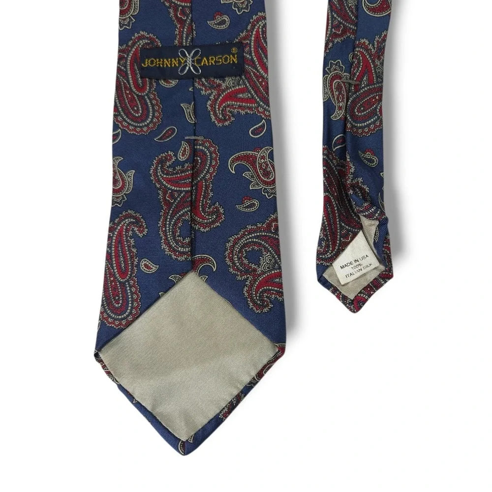 Johnny Carson Italian Silk Necktie Paisley Blue Red Classic‎ Vintage Made USA OS